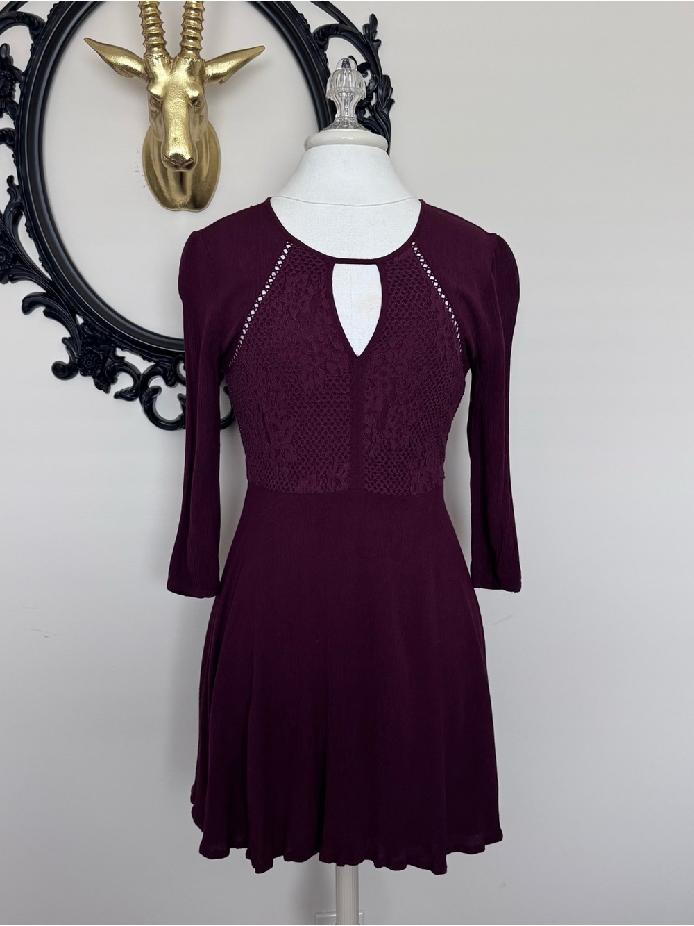 Others Follow Burgundy Wine Keyhole Lace Fit-and-Flare Dress